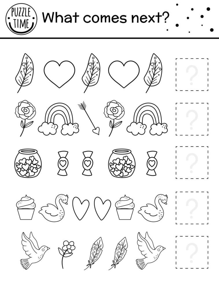 What comes next. Valentine day black and white matching activity for preschool children with traditional holiday symbols. Funny educational puzzle. Logical game worksheet. Continue the row. vector