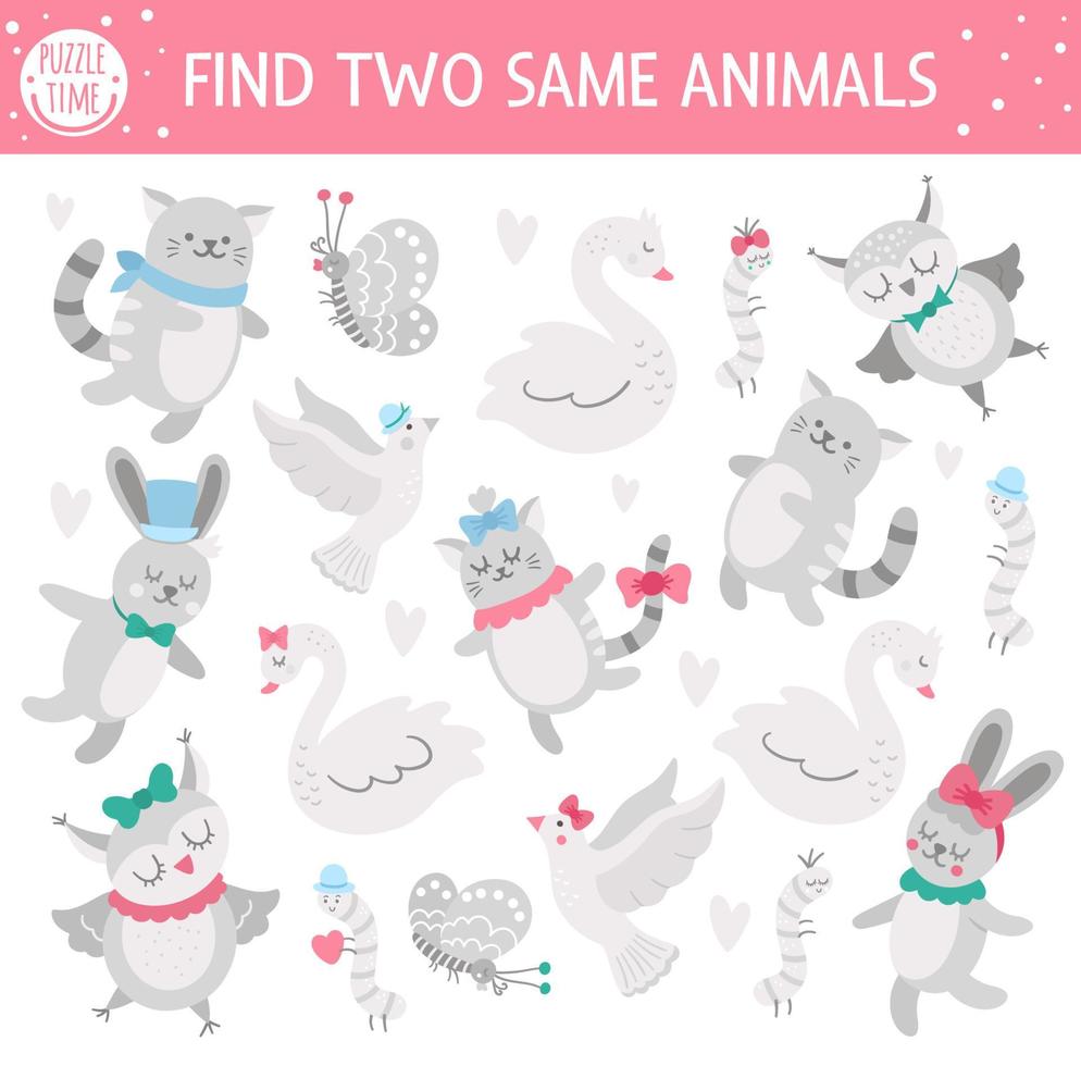 Find two same animals. Holiday matching activity for children. Funny educational Saint Valentine day logical quiz worksheet for kids. Simple printable game with love theme vector