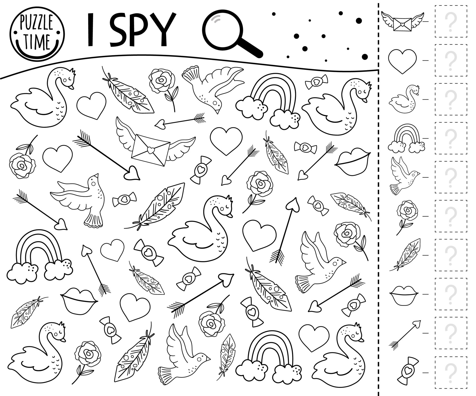 Saint Valentine day black and white I spy game for kids ...