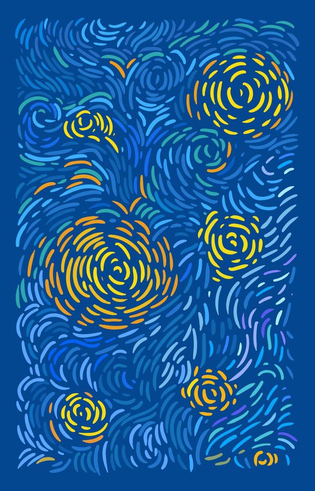 estrellas amarillas brillantes y fondo abstracto de cielo azul. patrón de vectores en el estilo de las pinturas impresionistas