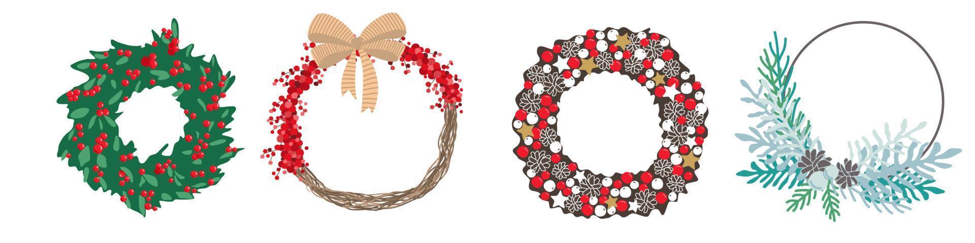 Christmas wreath set vector illustration. Seasonal tradition decoration. Design for frame, pattern element, print, greeting card, banner, poster.