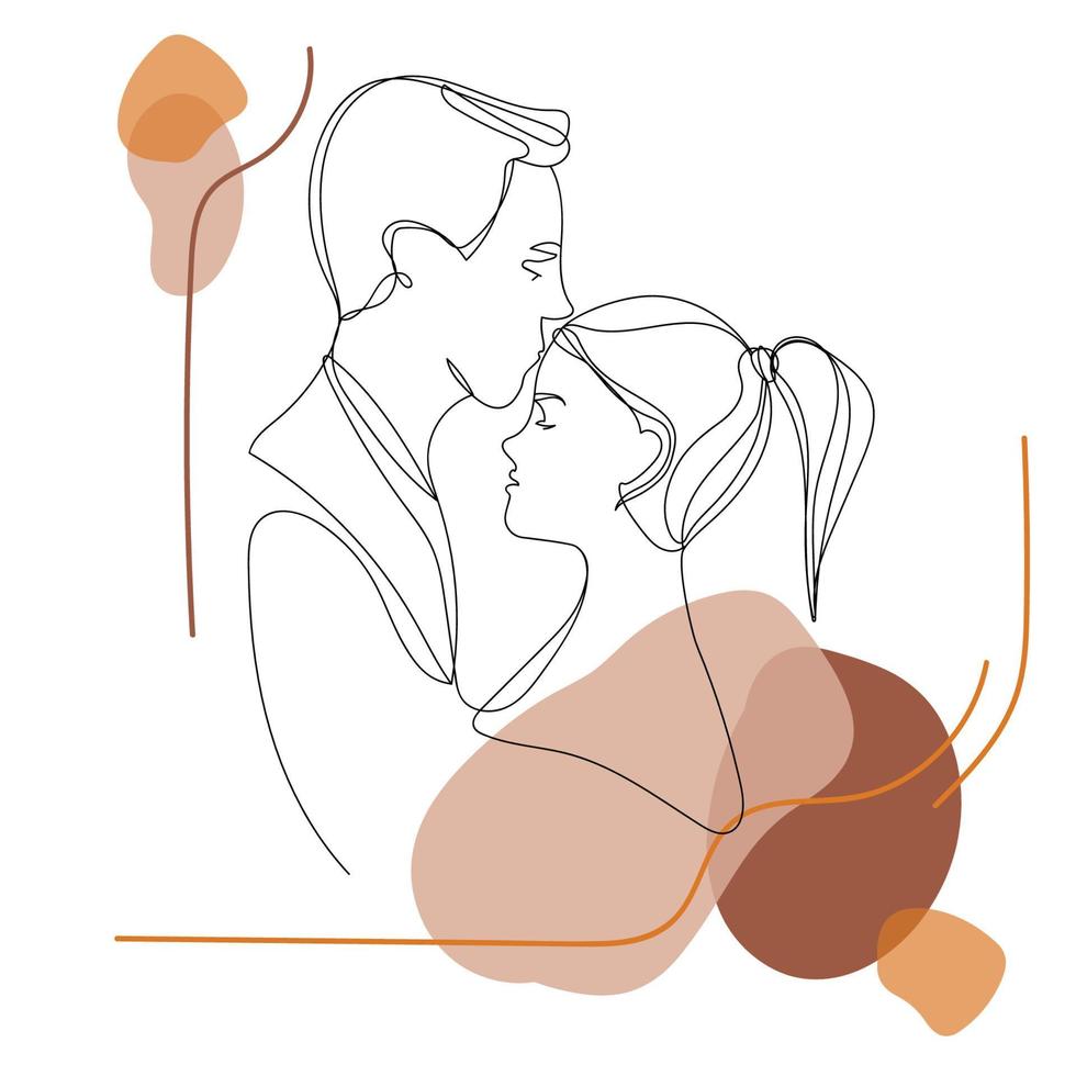 Man and woman couple in love, art line portrait of woman and man embracing, on white background with organic abstract shapes and lines, warm pastel colors.Vector modern illustration contouring line vector