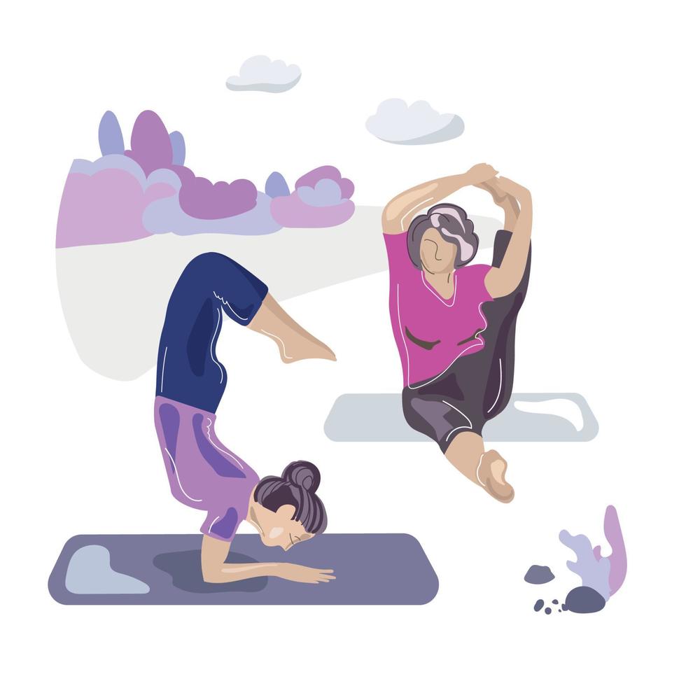 Senior adult women grandmothers doing outdoor yoga in the park, practicing assana on the mat, go in for sports, active lifestyle of the elderly, Vector illustration