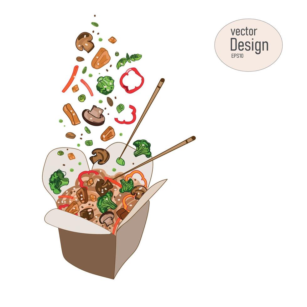 Chinese noodles with vegetables in the box are drawn in a cartoon doodle style. Ingredients, chicken, mushrooms, noodles, dyes, carcle, ballcoli, asparagus fall into the box.Vector design,delivery vector