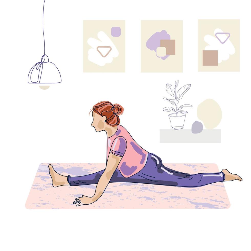 mujer haciendo estiramientos en casa sobre una alfombra en el suelo. mujer adulta sentada en un cordel en casa. concepto de vida diaria saludable, ilustración de dibujo vectorial, dibujo a mano vector