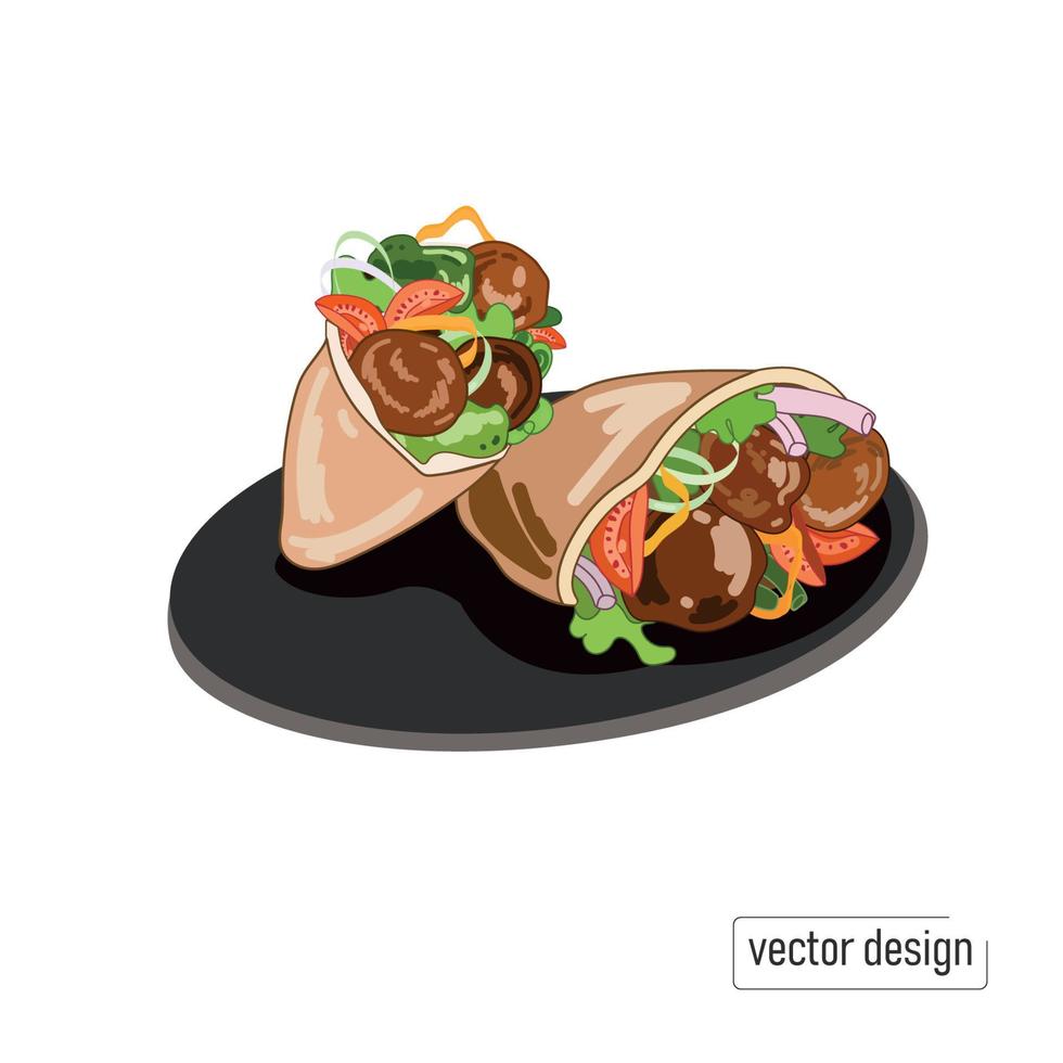 Bolas de falafel en pan de pita con verduras y lechuga, sobre un fondo blanco.Ilustración de vector de dibujo de falafel en estilo doodle, comida sana vegana, comida callejera