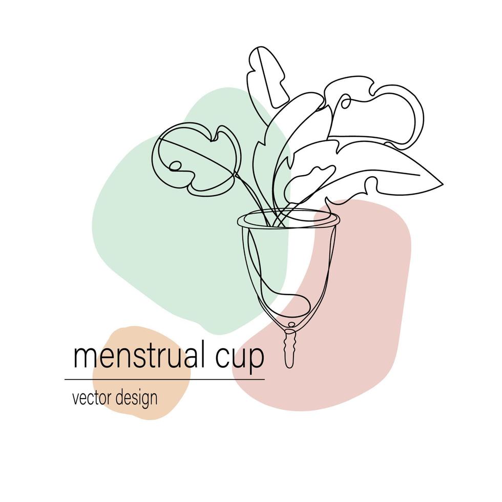 copa menstrual ecológica con hojas de plantas, dibujo a mano en estilo de contorno de contorno con manchas abstractas en colores pastel. Producto ecológico de higiene íntima femenina. Ilustración de vector de línea continua.