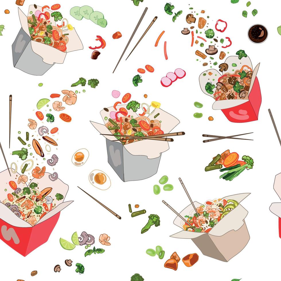 comida china en cajas de patrones sin fisuras sobre un fondo blanco. Cajas de cartón de alimentos con fideos, arroz, verduras, mariscos y carnes, diferentes rellenos.Alimentos asiáticos tradicionales.Fondo de alimentos vectoriales. vector