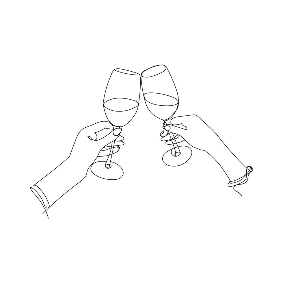 Vector outline illustration Wine glasses in female hands on a white background.Hand drawing sketch in modern Minimalist style, hand with glass.Great design for print