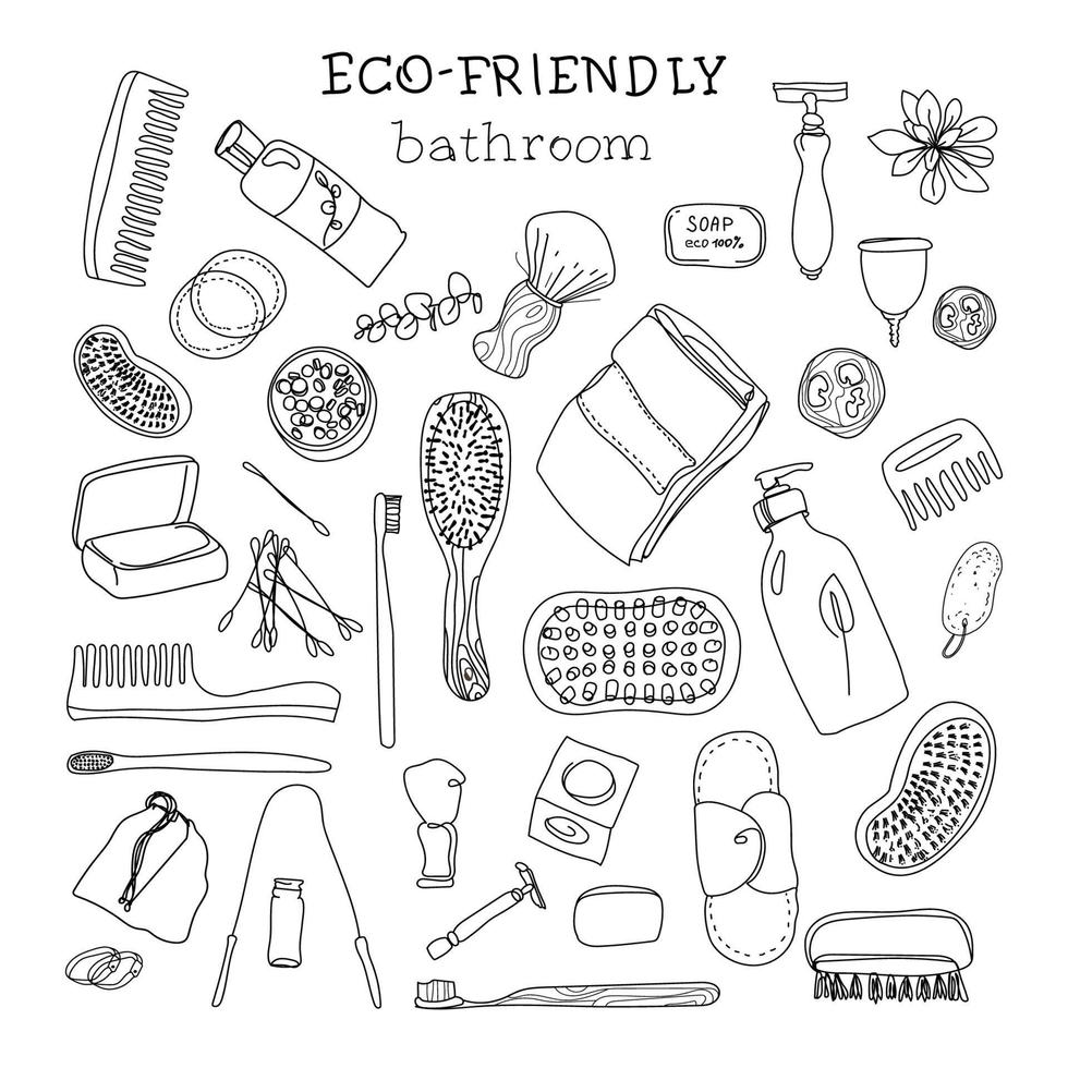 Zero waste lifestyle, vector hand drawn set in outline doodle style. Collection of eco and natural items for and personal hygiene for men and women.Go to the green concept. Isolated objects