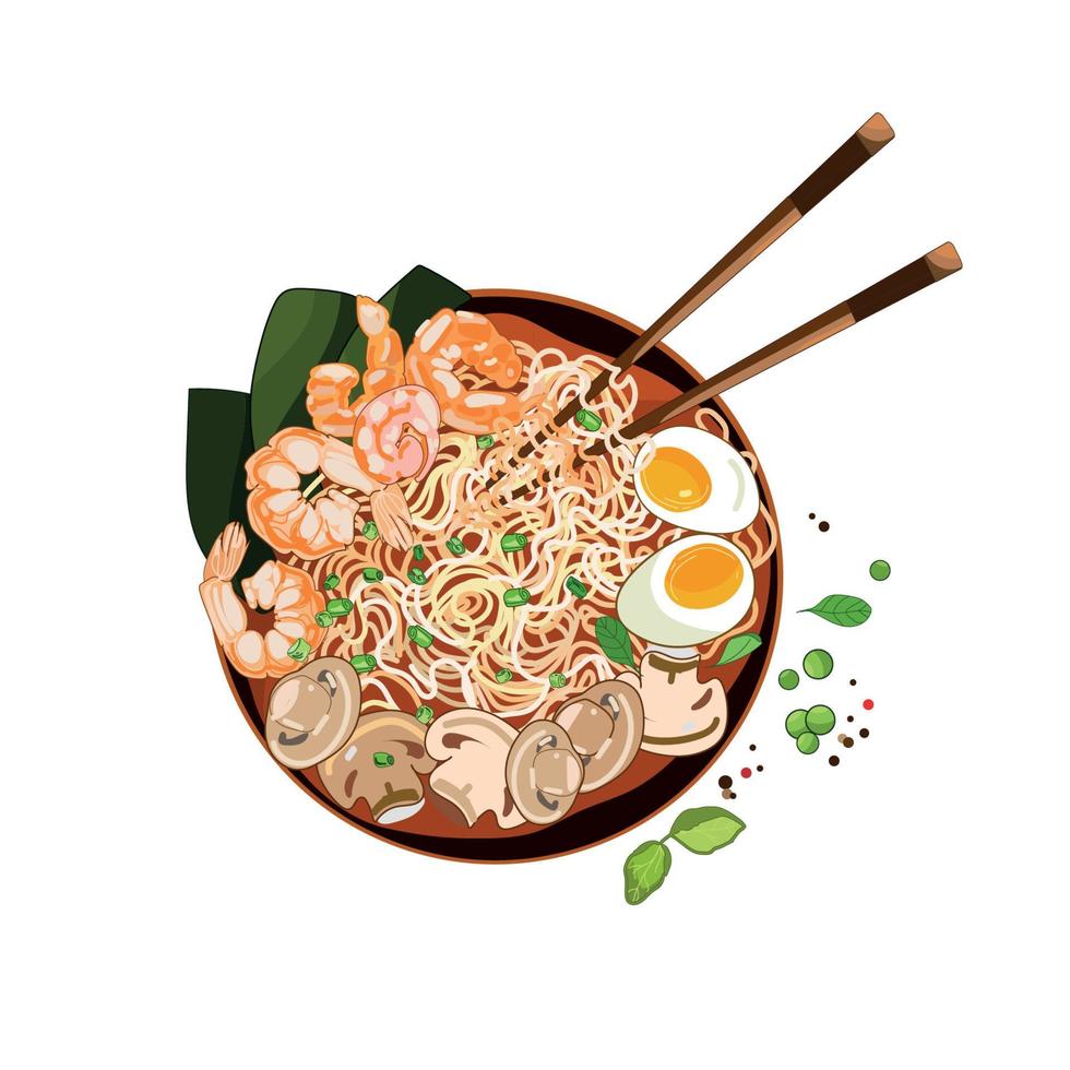 Ramen bowl with shrimps,egg,mushrooms,nori and chopsticks isolated on white background, top view.Vector food illustration hand drawing cartoon realistic style.Traditional Japanese cuisine. vector
