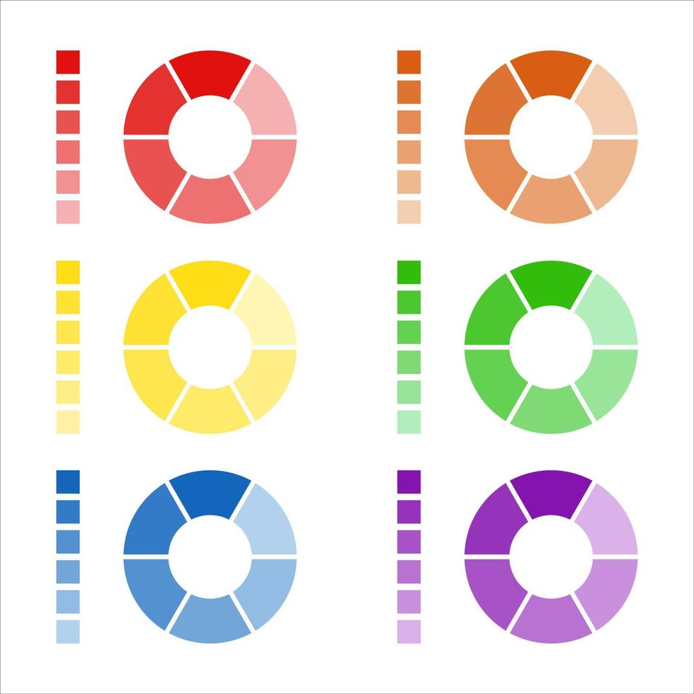 Set of circular spectrum wheels, collection of rounded diagrams with the spectral colors isolated on white background, infographic elements vector