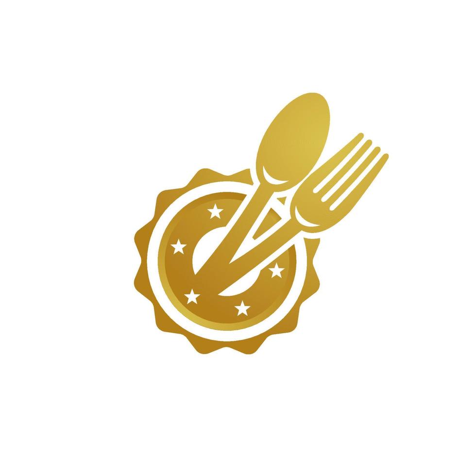 icono de logotipo de cuchara y tenedor plantilla de símbolo de vector de cinta dorada para comer amante o entusiasta