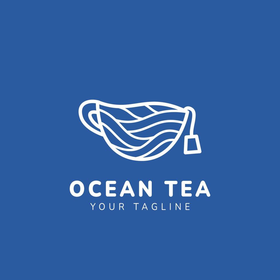 Ocean nature tea, tea cup logo icon with ocean texture in monoline style illustration vector