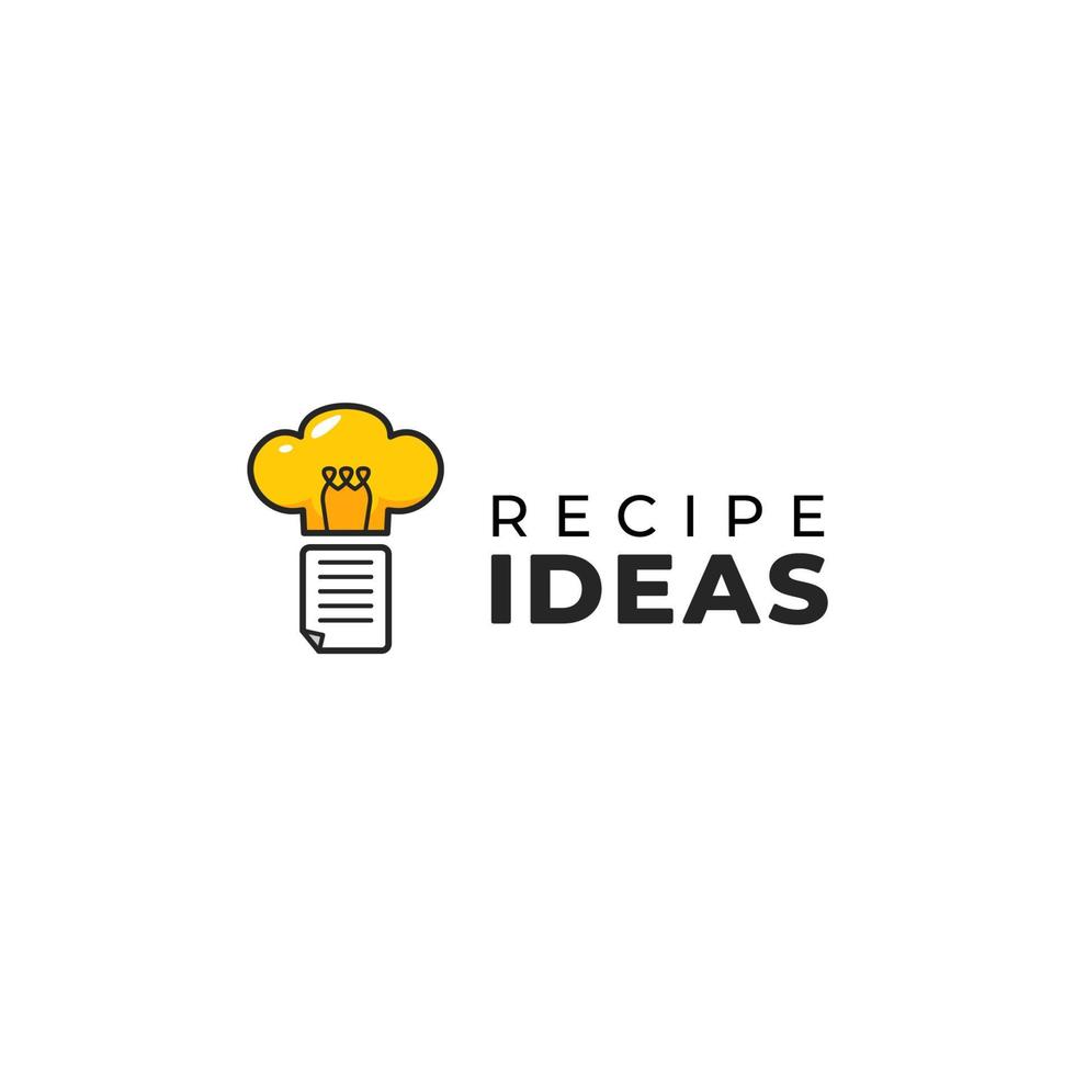 Logotipo de idea de receta de cocina con hoja de recetas y sombrero de cocina como ilustración de icono de idea de inspiración de bombilla vector