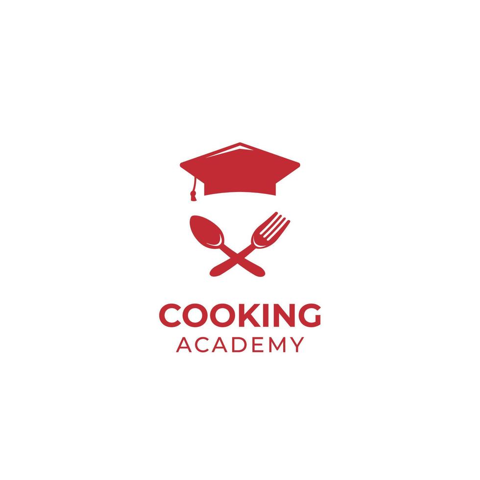 Cooking and food nutrition school academy logo icon symbol with spoon fork and graduation crown hat vector