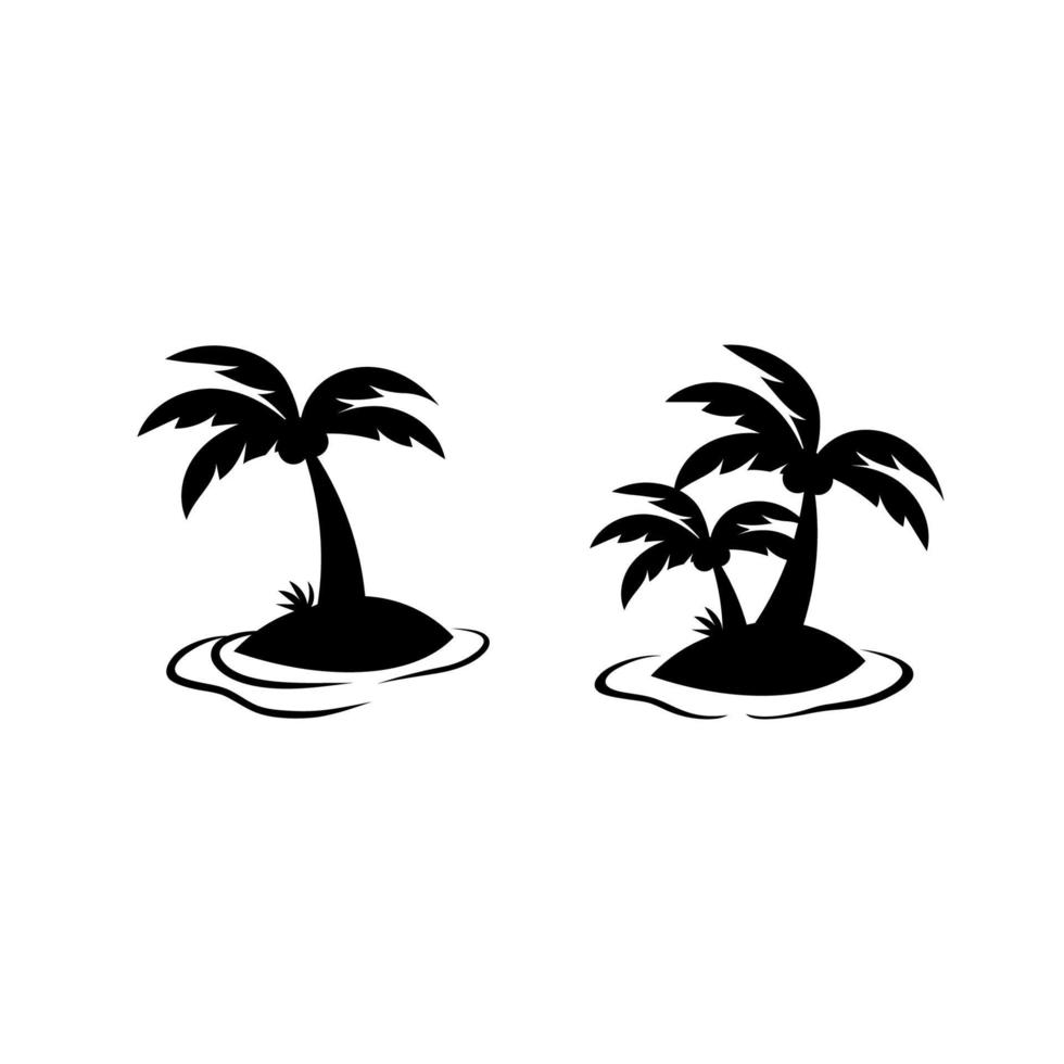 árbol de coco, en, pequeño, playa, isla, silueta, ilustración, conjunto vector