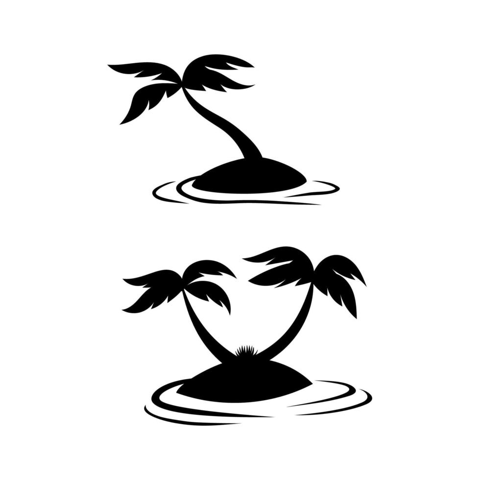 silueta de árbol de coco en conjunto de ilustración de playa de isla pequeña vector