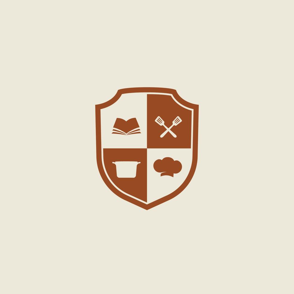 Logotipo de la academia de cocina de chef en forma de escudo vector icono símbolo insignia plantilla