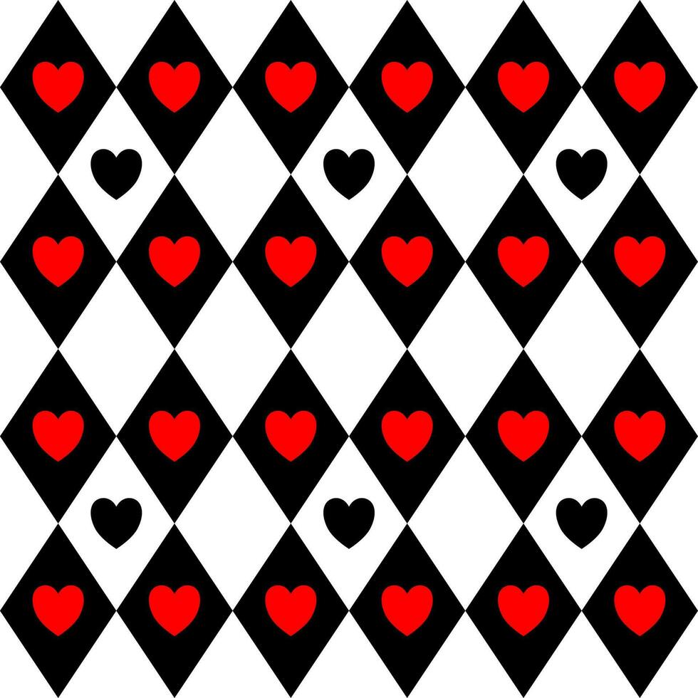 black and white diamond pattern red heart pattern vector