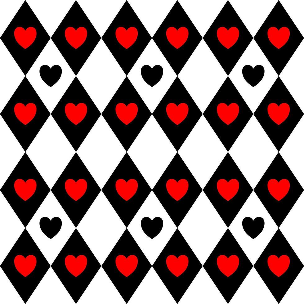 black and white diamond pattern red heart pattern vector