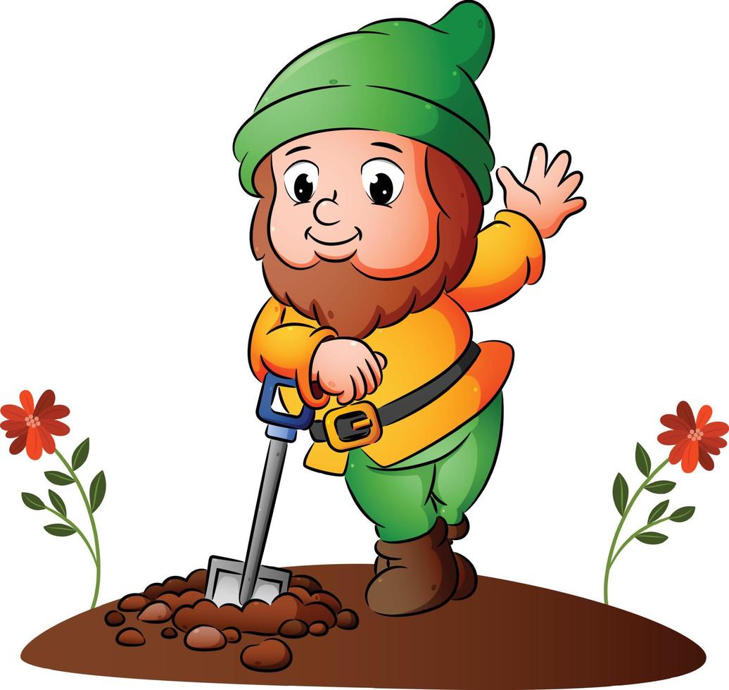 The dwarf is digging the ground and posing with the shovel vector