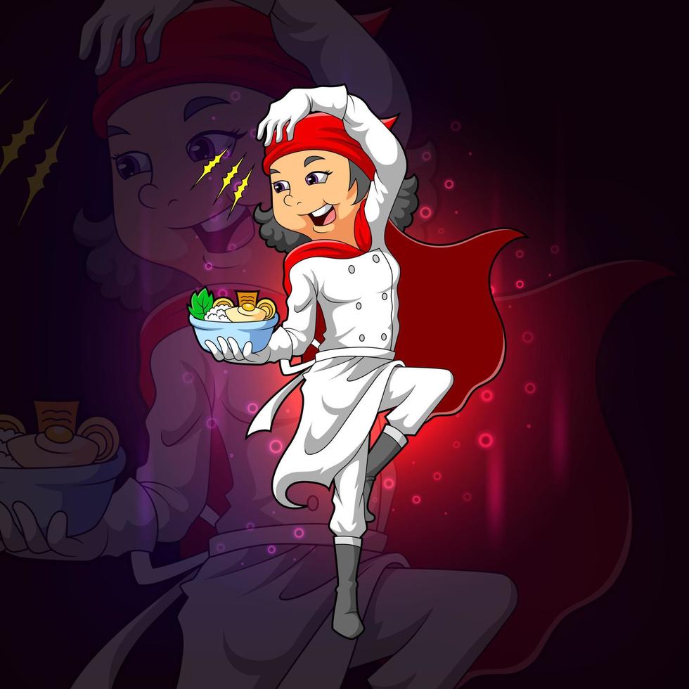 The super chef holds the rice bowl for esport logo design vector