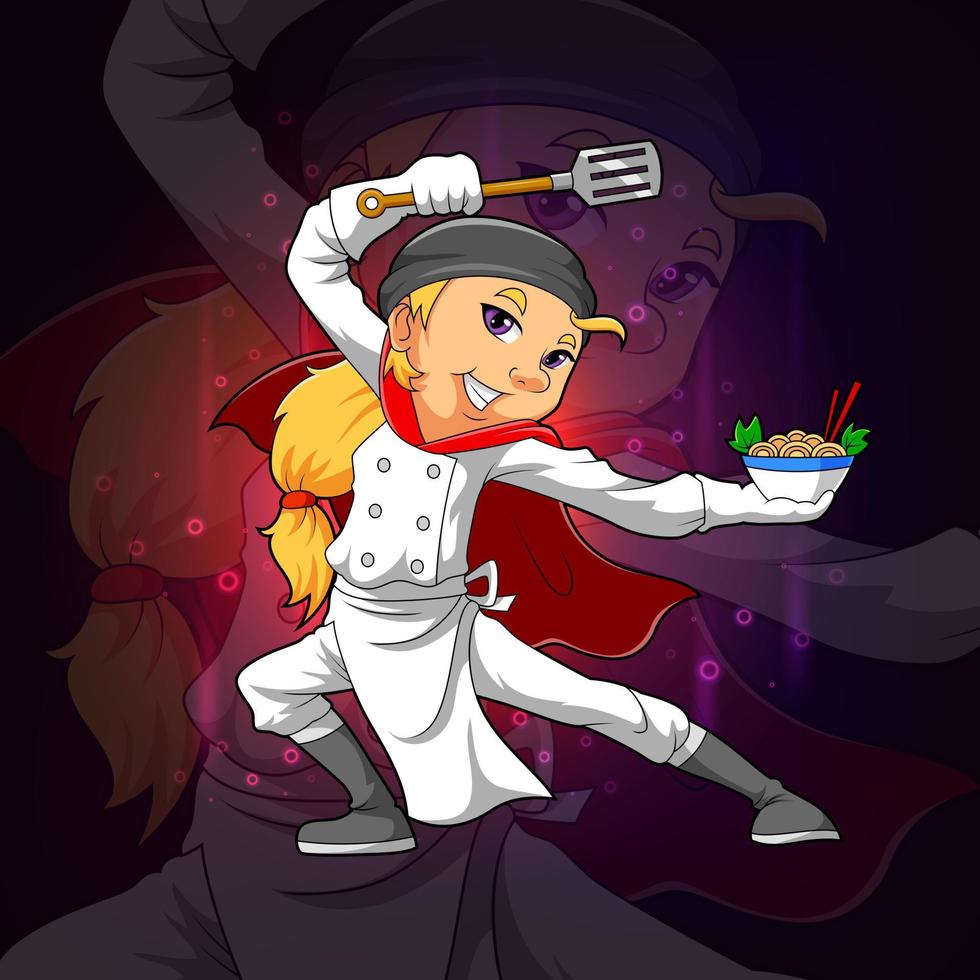 The professional chef is serving a noodle for esport mascot design vector