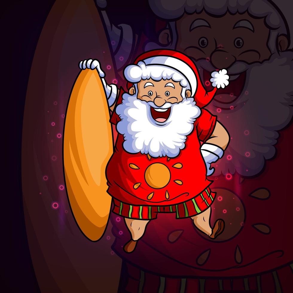 la santa claus con el diseño de la mascota de la tabla de surf esport vector