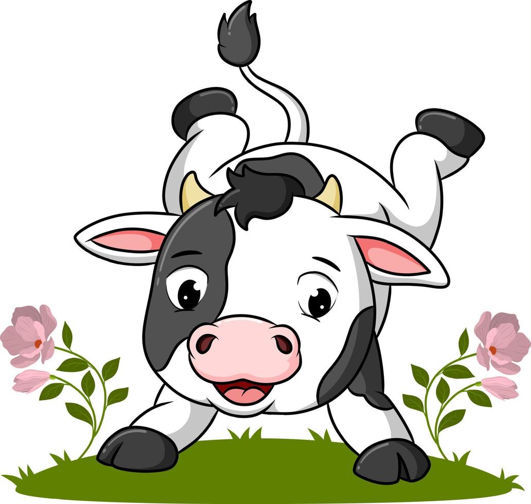 The cute cow is doing the handstand in the garden vector