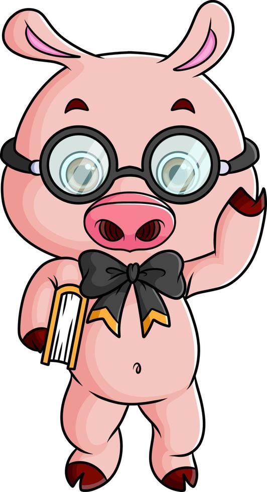 The smart pig is holding a book and wearing glasses vector