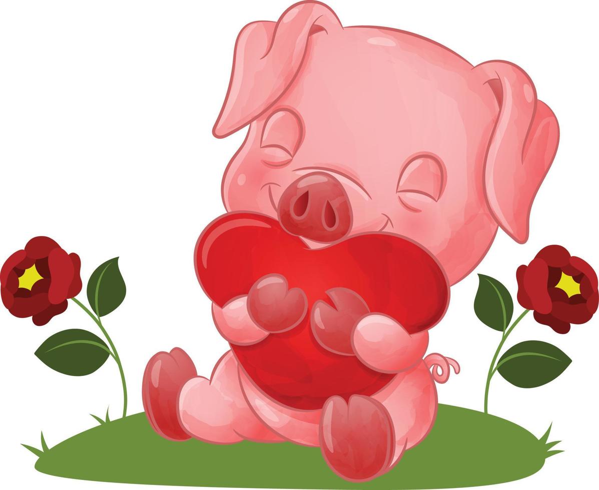 The sweet little pig is hugging the big colored heart vector