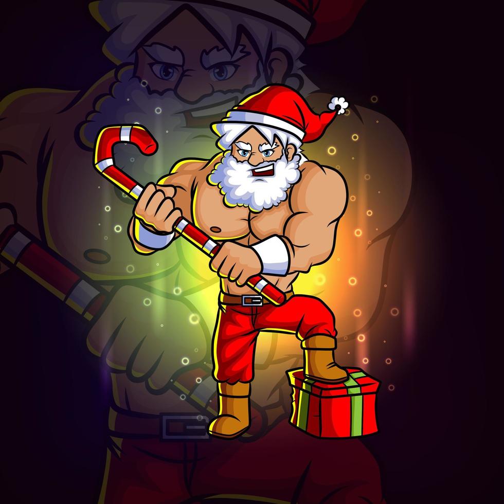 The young santa with the gift and candy stick esport mascot design vector