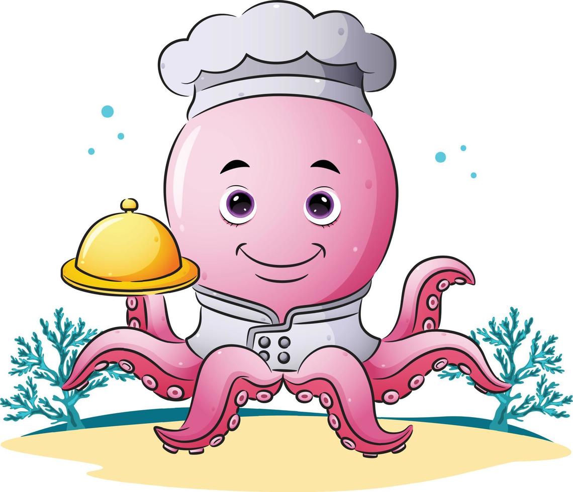 The chef octopus is holding the movable food cover vector