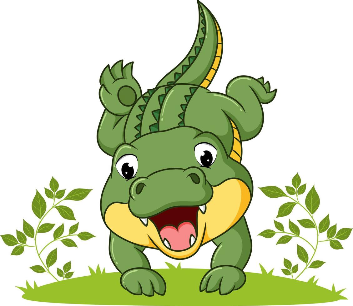 The cute crocodile is doing the handstand in the garden vector