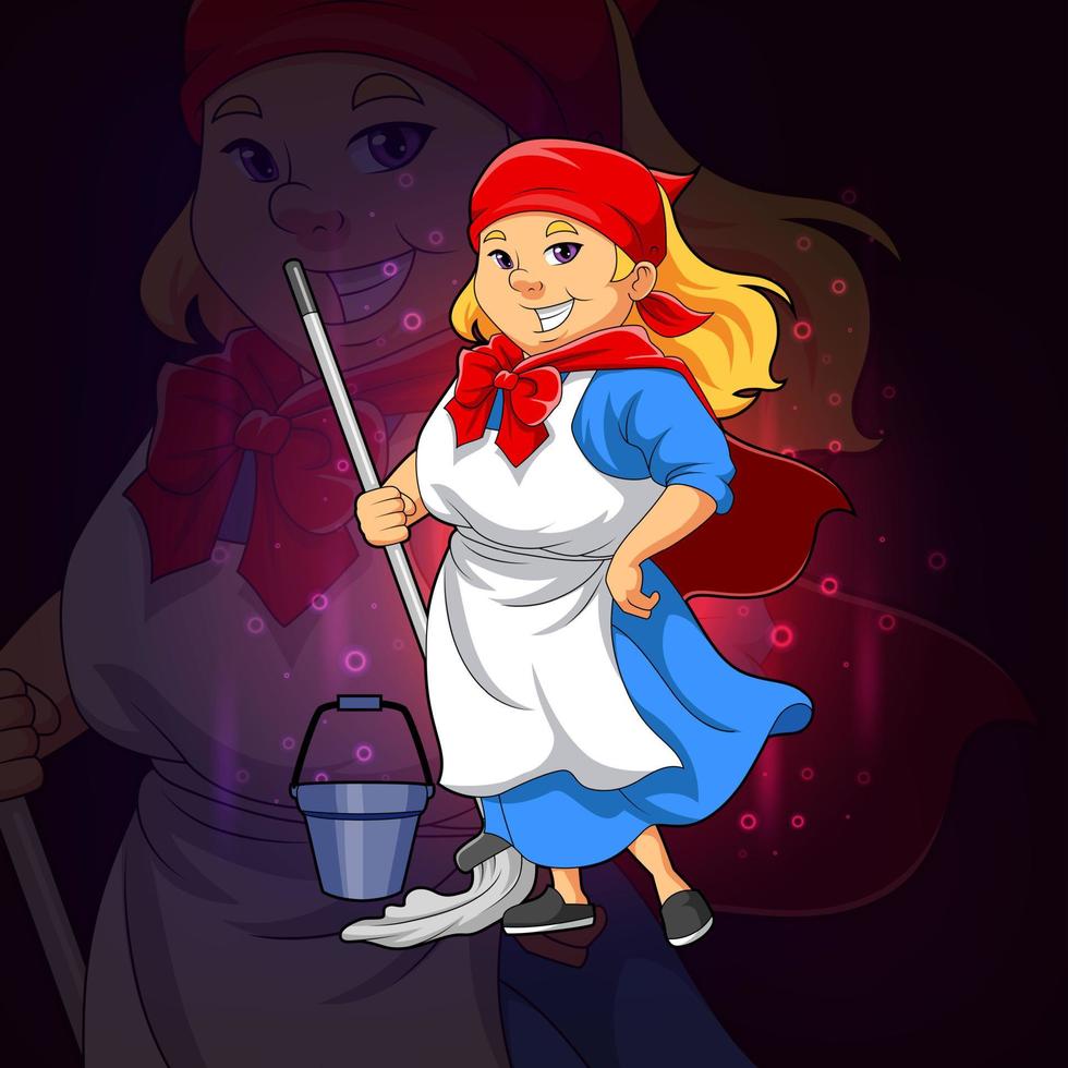 The super maid holds the mop for esport logo design vector