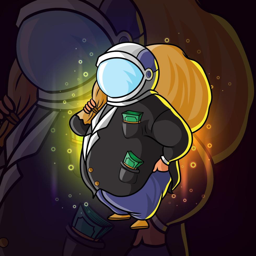The big rich boss with the sack of money and using astronaut helmet vector