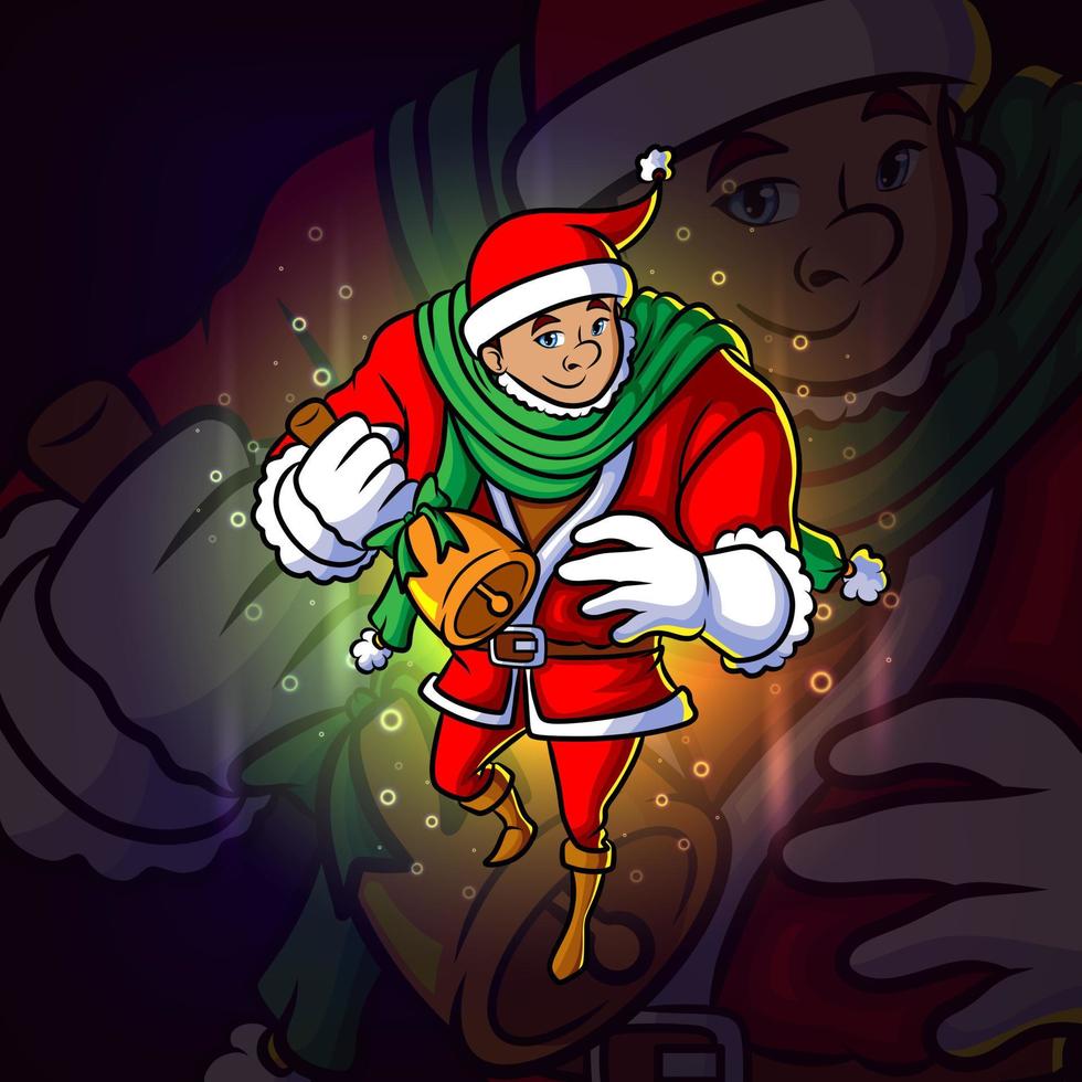 el joven santa suena la campana de navidad esport logo design vector