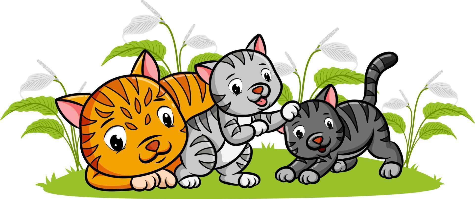 The three cats are playing together in the garden vector