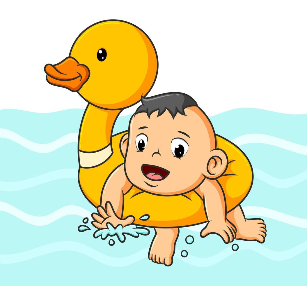 The baby boy is swimming with the duck tire in the pool vector