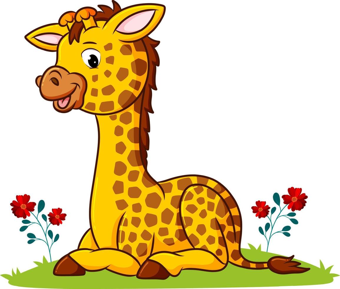 The giraffe is sitting in the park full of flowers vector