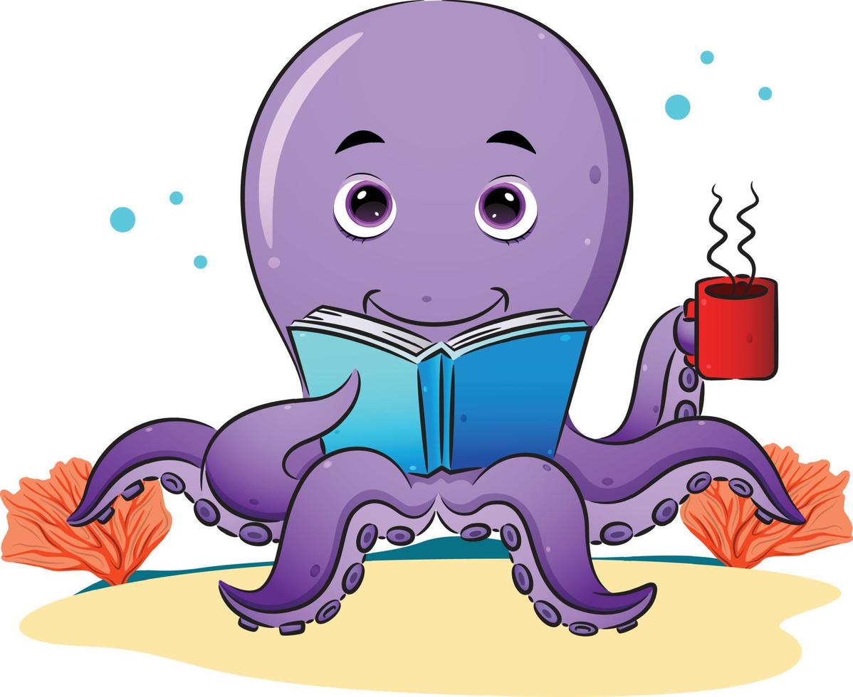 The smart octopus is reading the book and enjoy the coffee vector