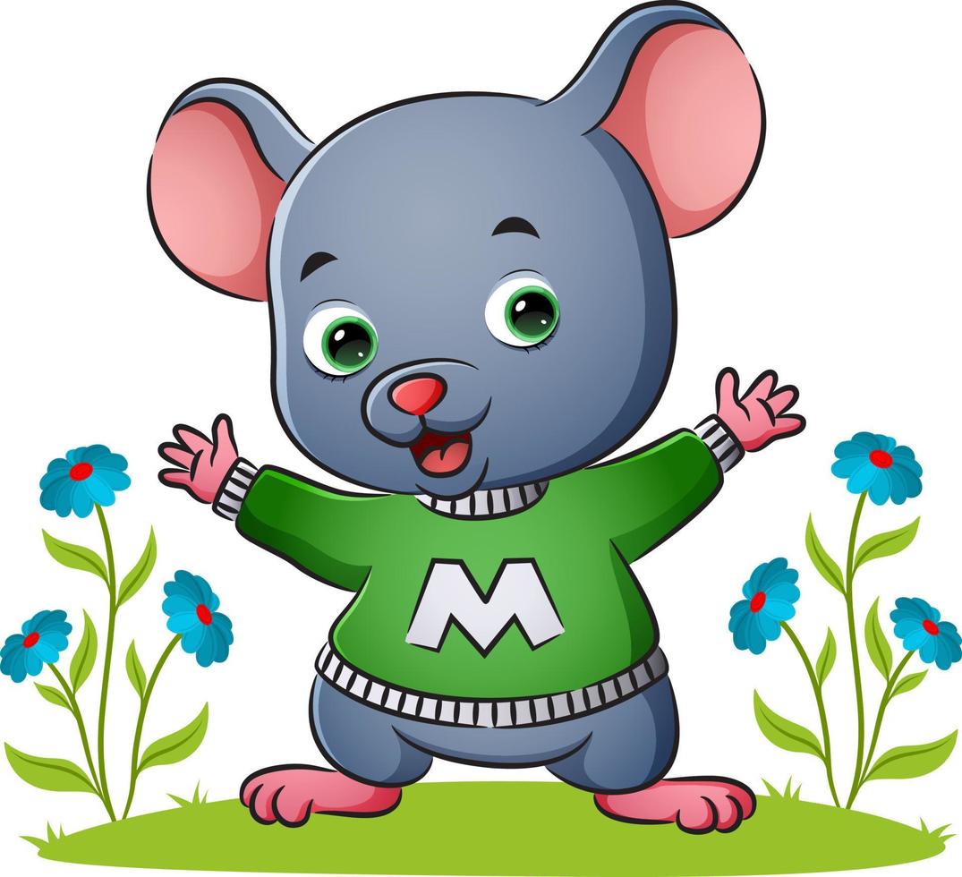 The happy mouse is wearing the alphabet sweater in the garden vector