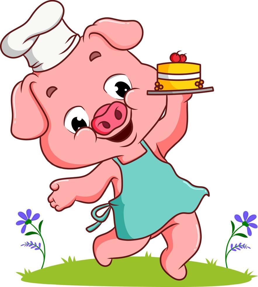 The chef pig is holding a cake vector