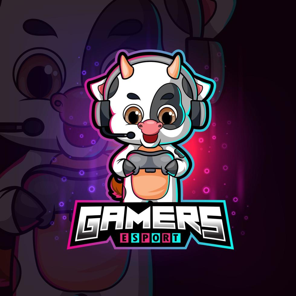 The cute gamer cow esport logo design vector