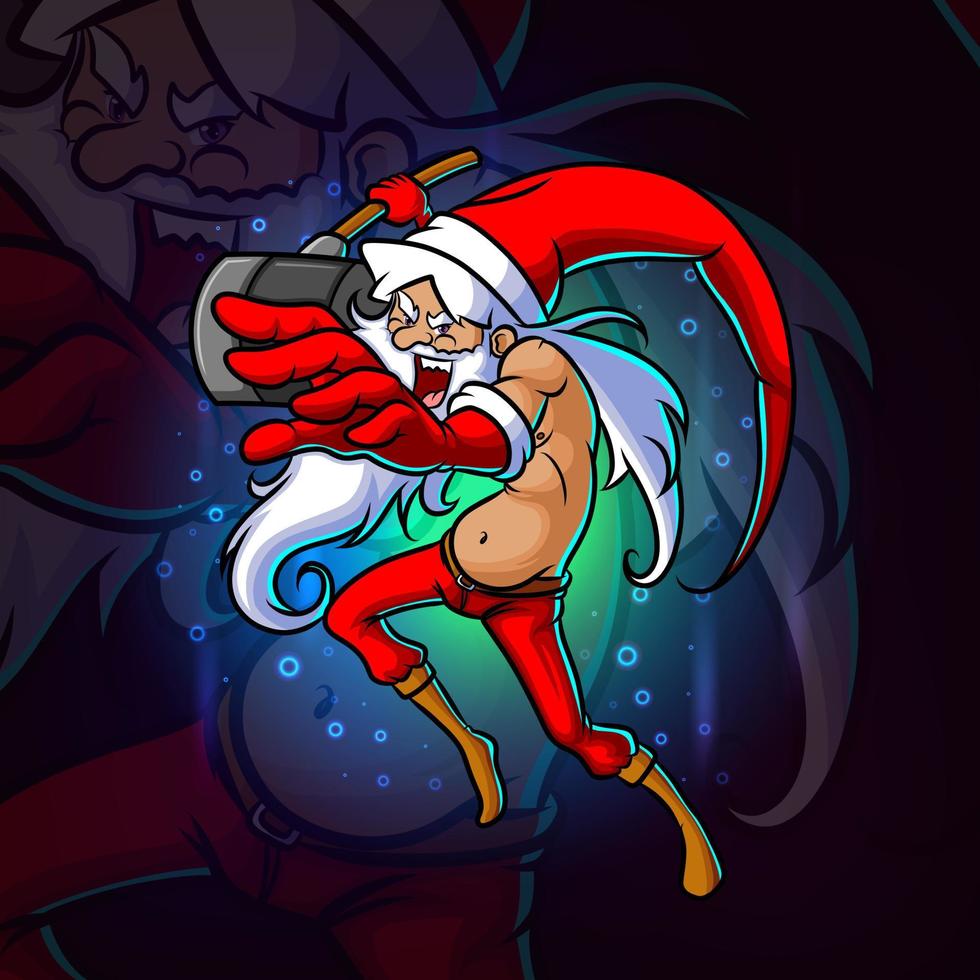 The crazy santa attack with the hammer esport mascot design vector