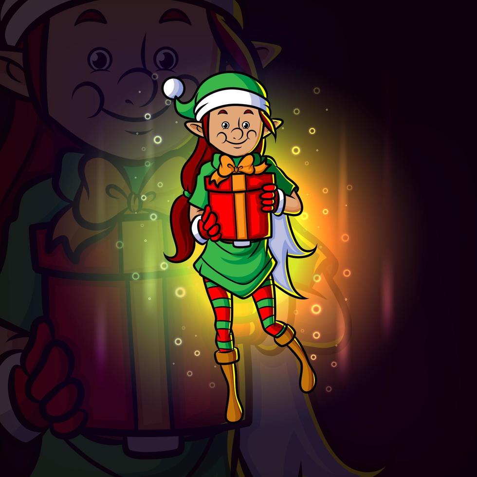 la niña elfa feliz sosteniendo un diseño de logotipo de esport de regalo vector