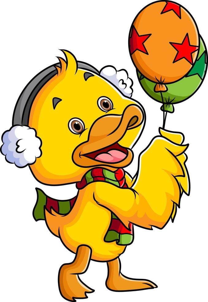 The duck is wearing scarf and holding balloon vector