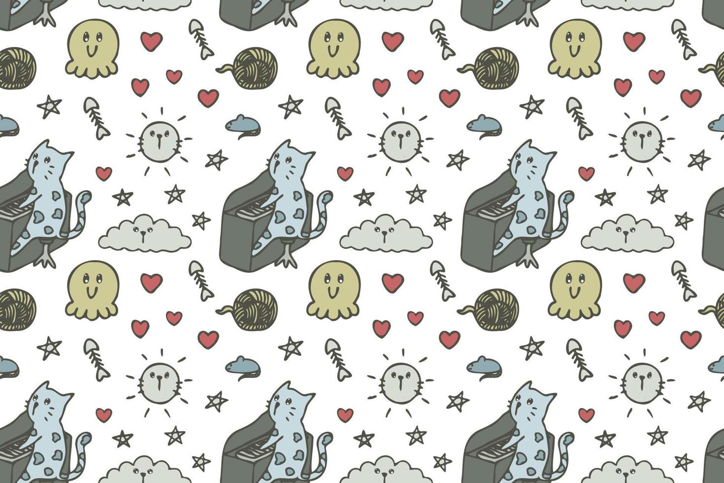 Hand drawn cute cat seamless pattern art. vector