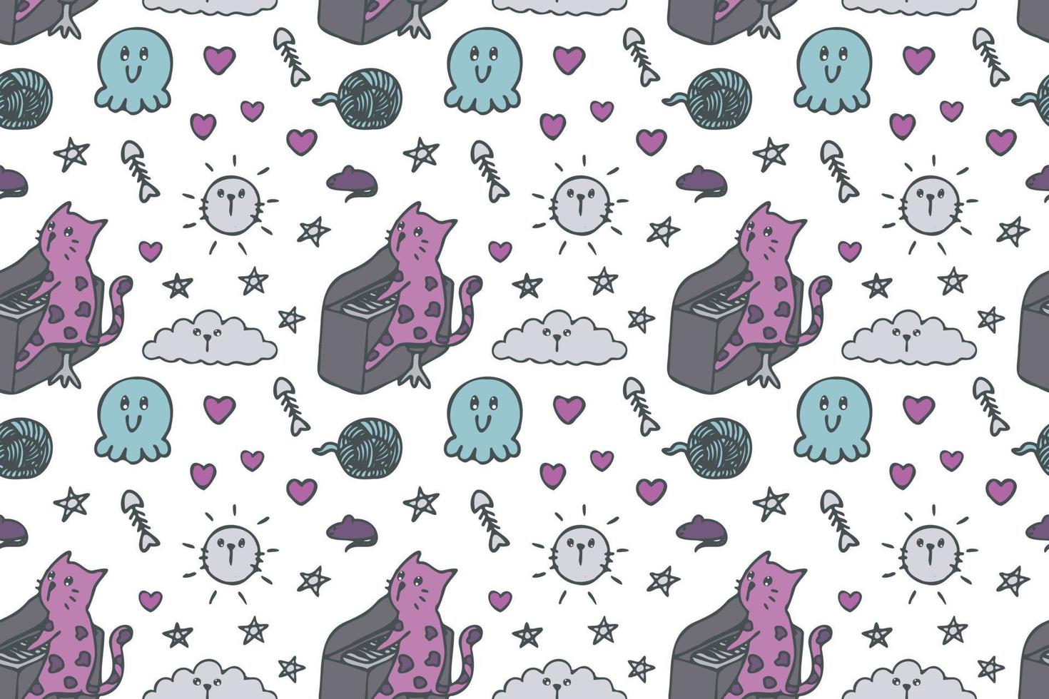 Hand drawn cute cat seamless pattern art. vector